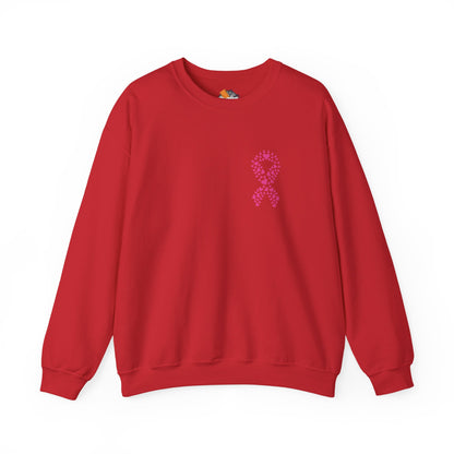 Red breast cancer awareness crewneck sweatshirt with pink heart ribbon emblem, Makin’ It by Lady Ev