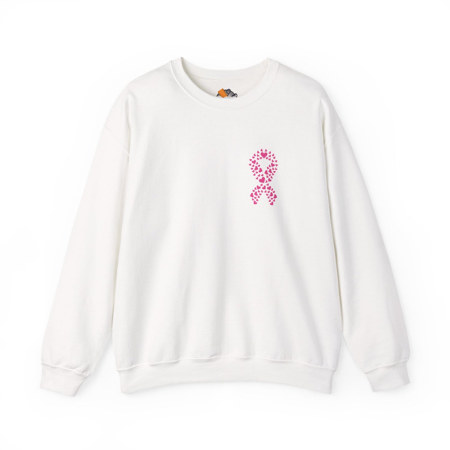 White breast cancer awareness crewneck sweatshirt with pink ribbon made of hearts, Makin’ It by Lady Ev.
