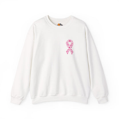 White breast cancer awareness crewneck sweatshirt with pink ribbon made of hearts, Makin’ It by Lady Ev.