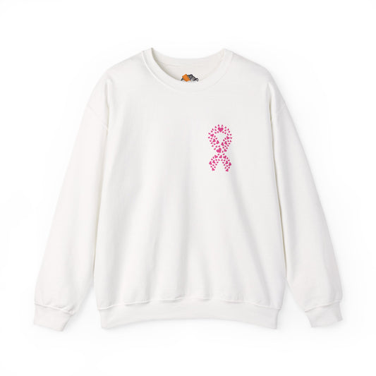 White breast cancer awareness crewneck sweatshirt with pink ribbon made of hearts, Makin’ It by Lady Ev.