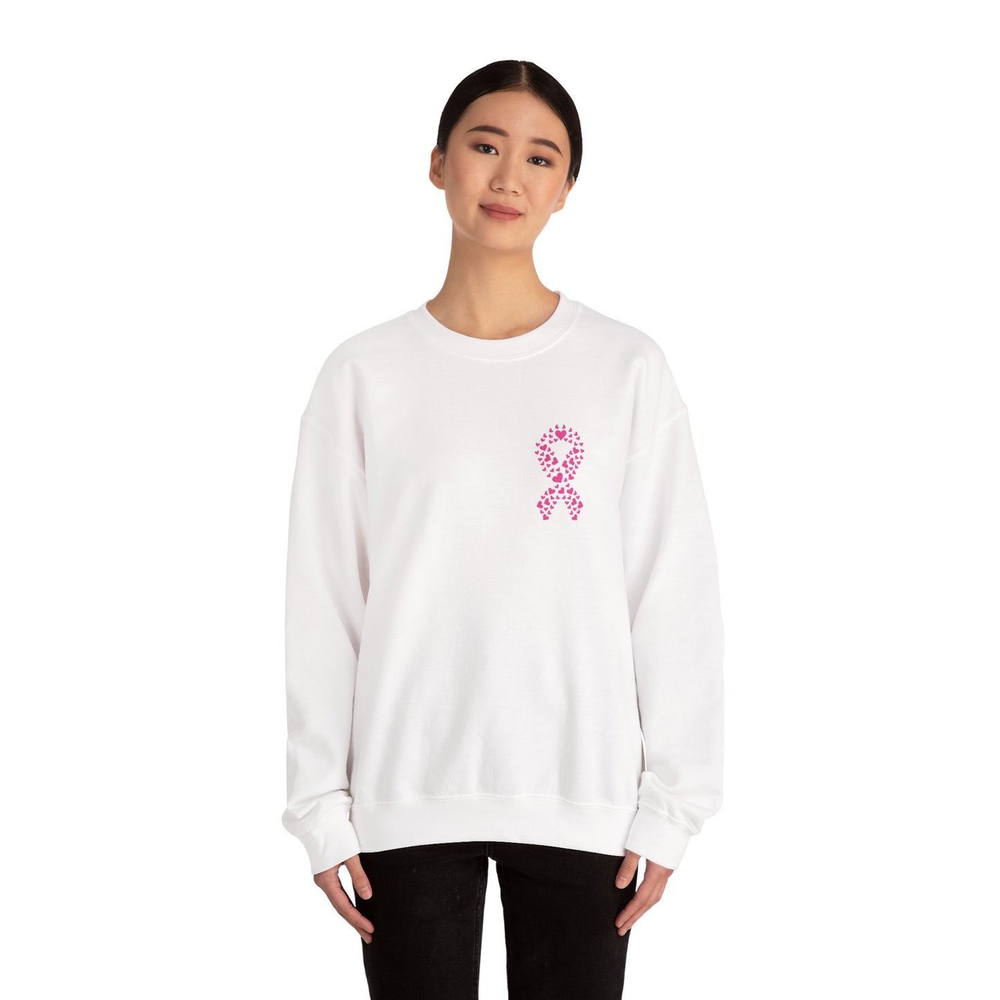 Woman wearing white breast cancer awareness crewneck sweatshirt with pink ribbon made of hearts, Makin’ It by Lady Ev.