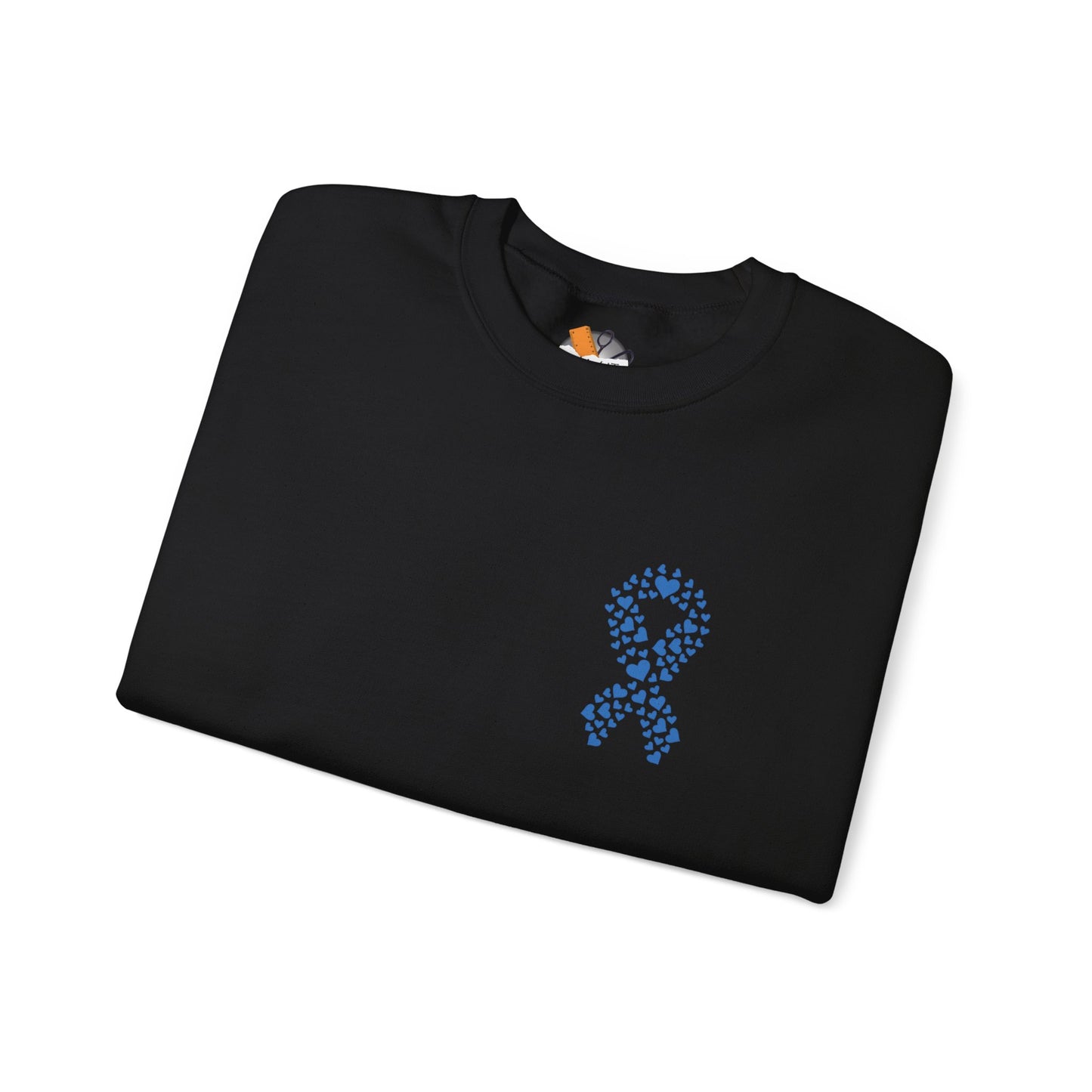 Folded black diabetes awareness sweatshirt with blue heart ribbon — bold unisex crewneck symbolizing awareness and advocacy.