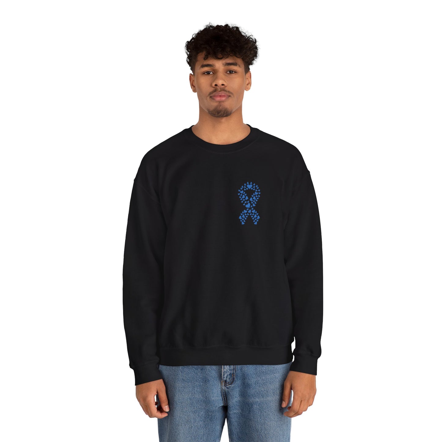 Man modeling black diabetes awareness sweatshirt — unisex crewneck with blue ribbon design representing unity and awareness.