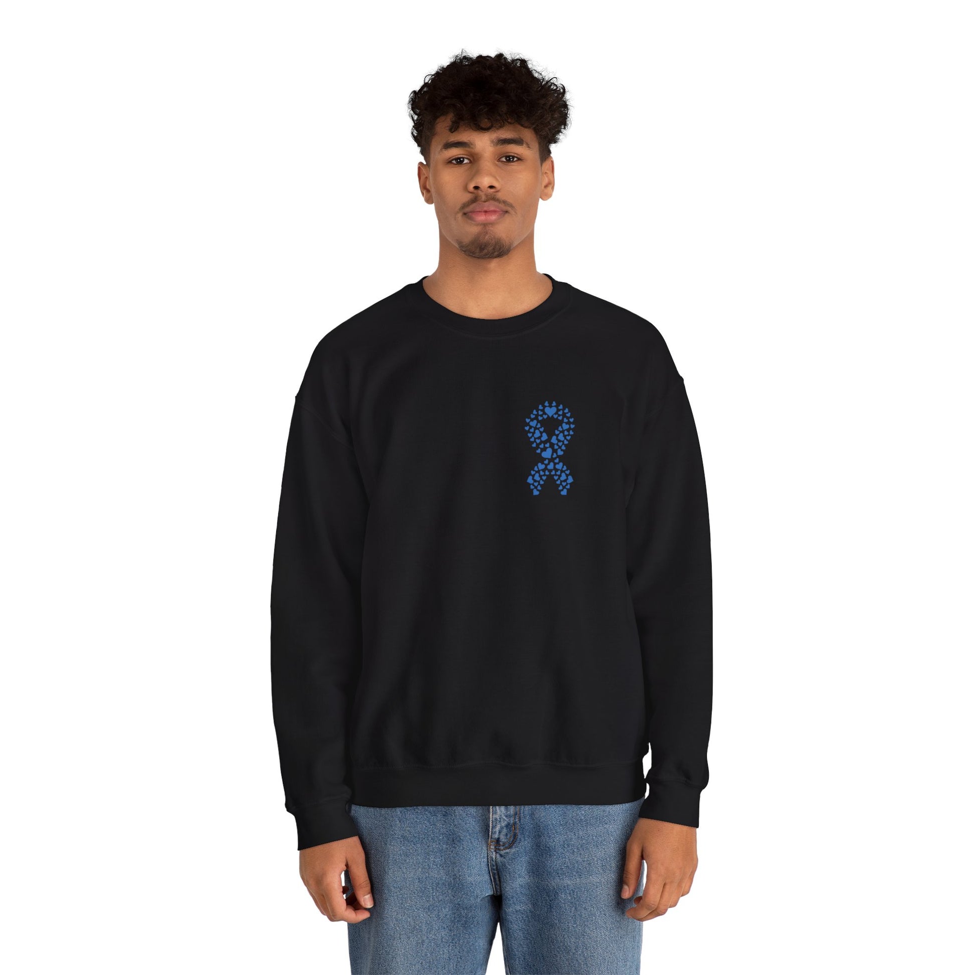 Man modeling black diabetes awareness sweatshirt — unisex crewneck with blue ribbon design representing unity and awareness.