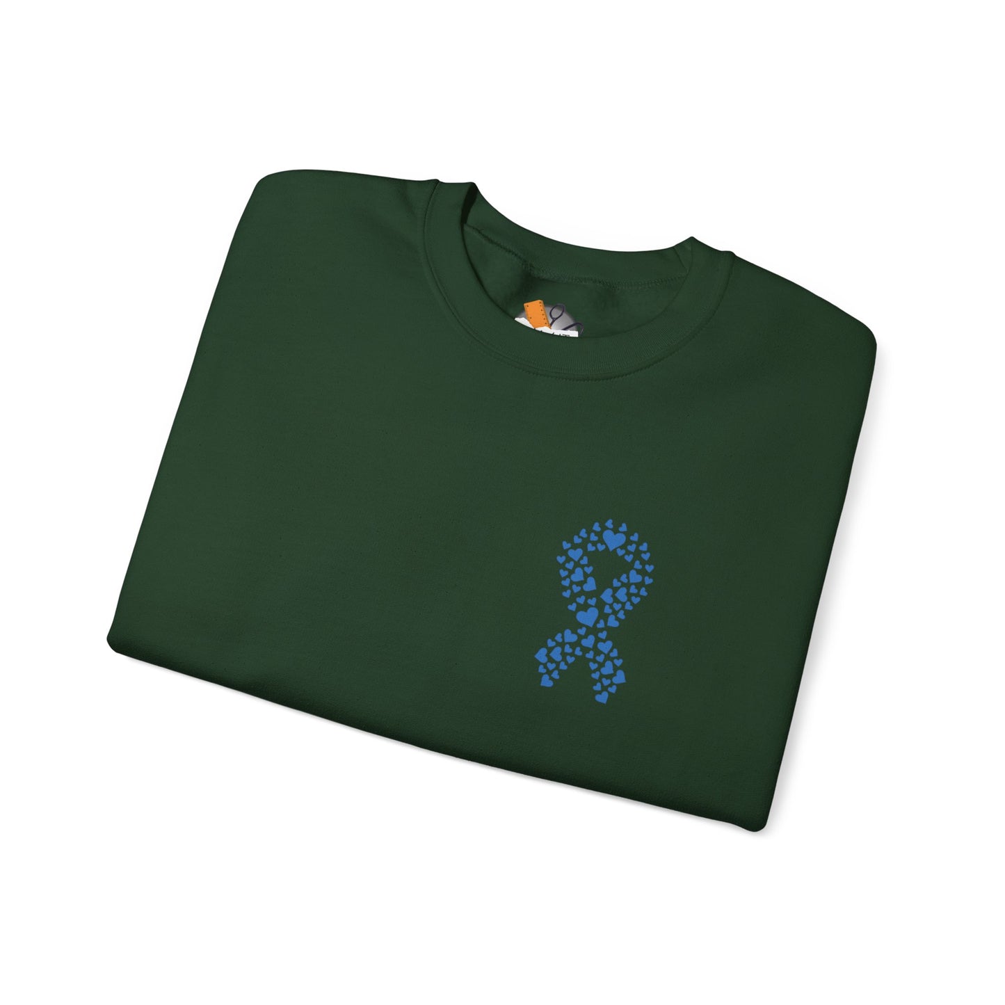 Folded forest green diabetes awareness sweatshirt with blue heart ribbon — cozy fleece symbolizing compassion and diabetes support.