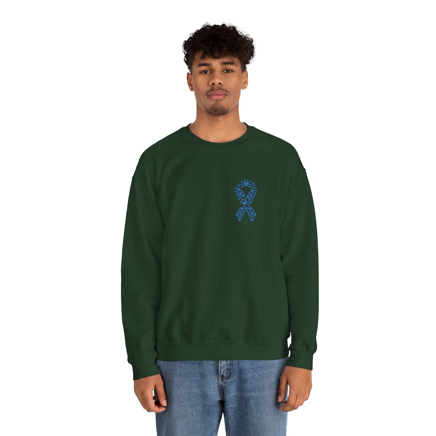 Man modeling forest green diabetes awareness sweatshirt — relaxed fit crewneck showing blue ribbon for diabetes awareness.