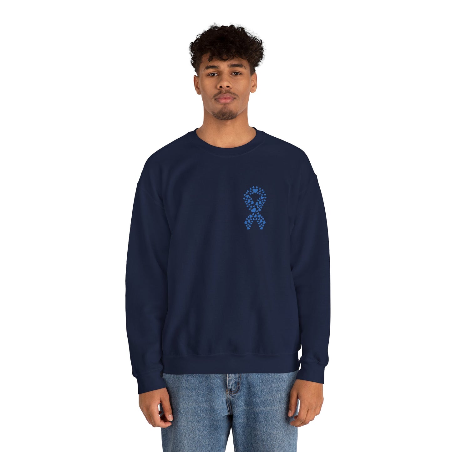 Man modeling navy blue diabetes awareness sweatshirt — soft unisex crewneck with blue heart ribbon symbolizing support and strength.