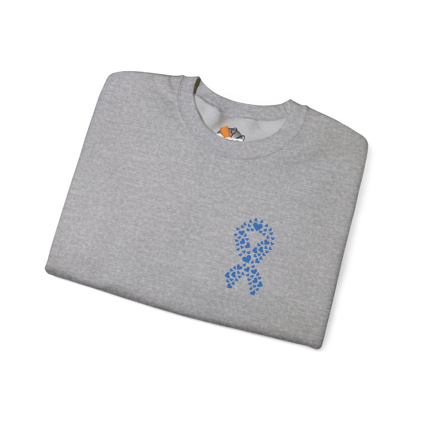 Folded sport grey diabetes awareness sweatshirt featuring blue heart ribbon — unisex crewneck promoting health and awareness.