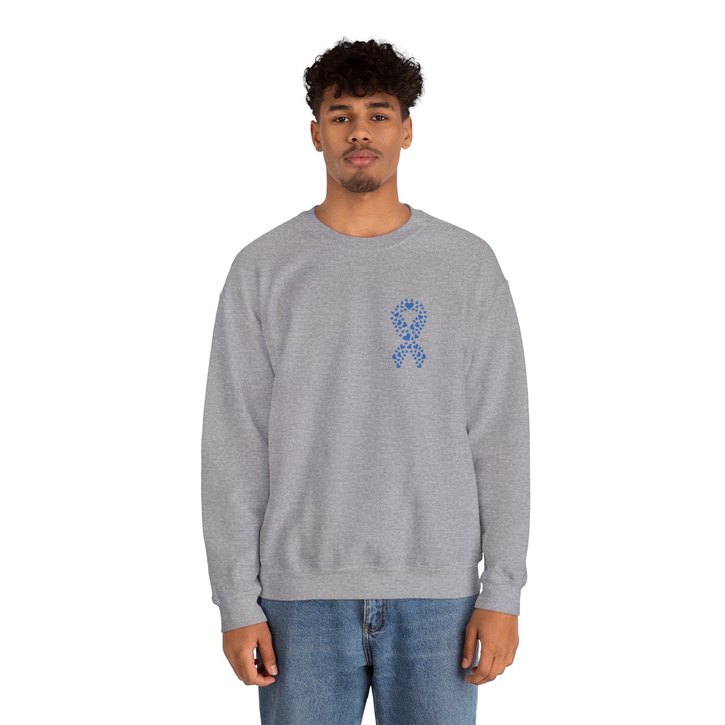 Man modeling sport grey diabetes awareness sweatshirt — unisex crewneck with blue heart ribbon symbolizing awareness and support.