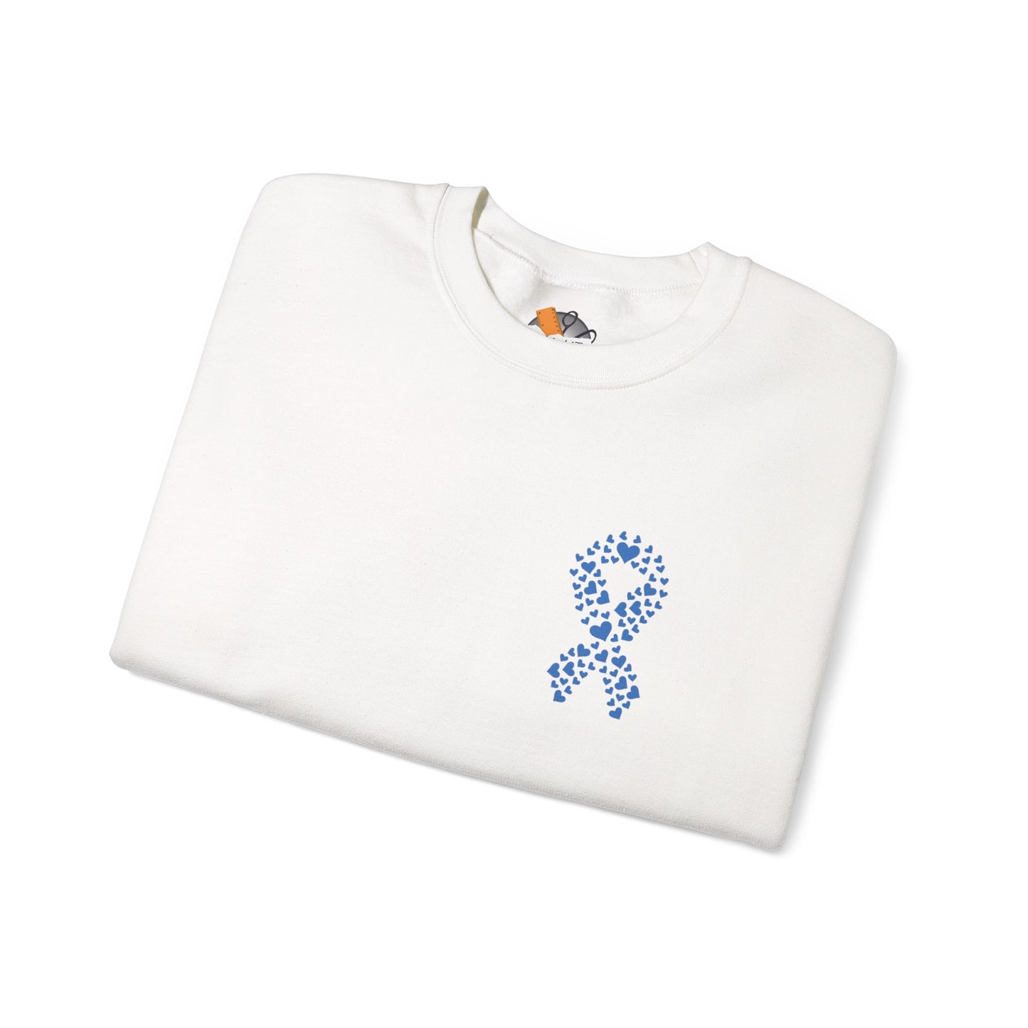 Folded white diabetes awareness sweatshirt featuring blue heart ribbon — cozy unisex crewneck for diabetes awareness and support.