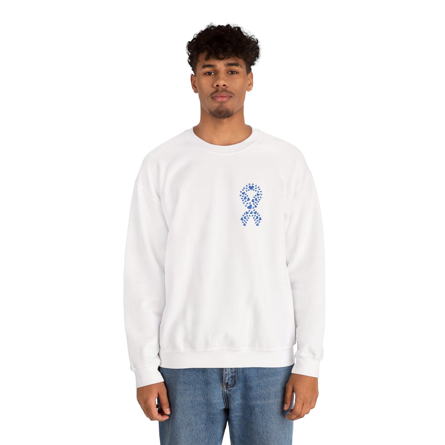 Man modeling white diabetes awareness sweatshirt — minimalist unisex crewneck with blue heart ribbon symbolizing strength and care.