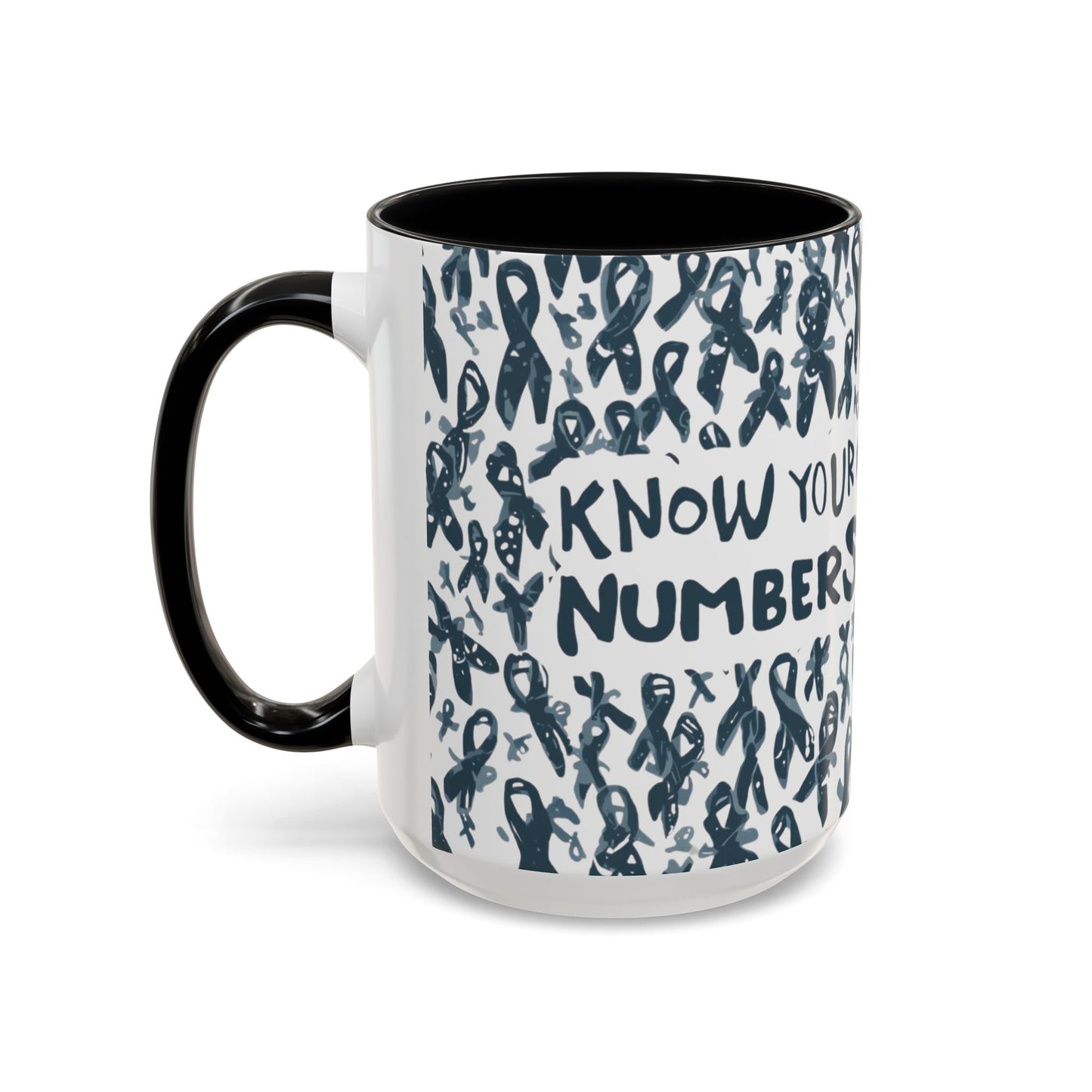 Black handle 15oz diabetes awareness mug with “Know Your Numbers” text and awareness ribbon background — health advocacy coffee mug promoting education and empowerment.