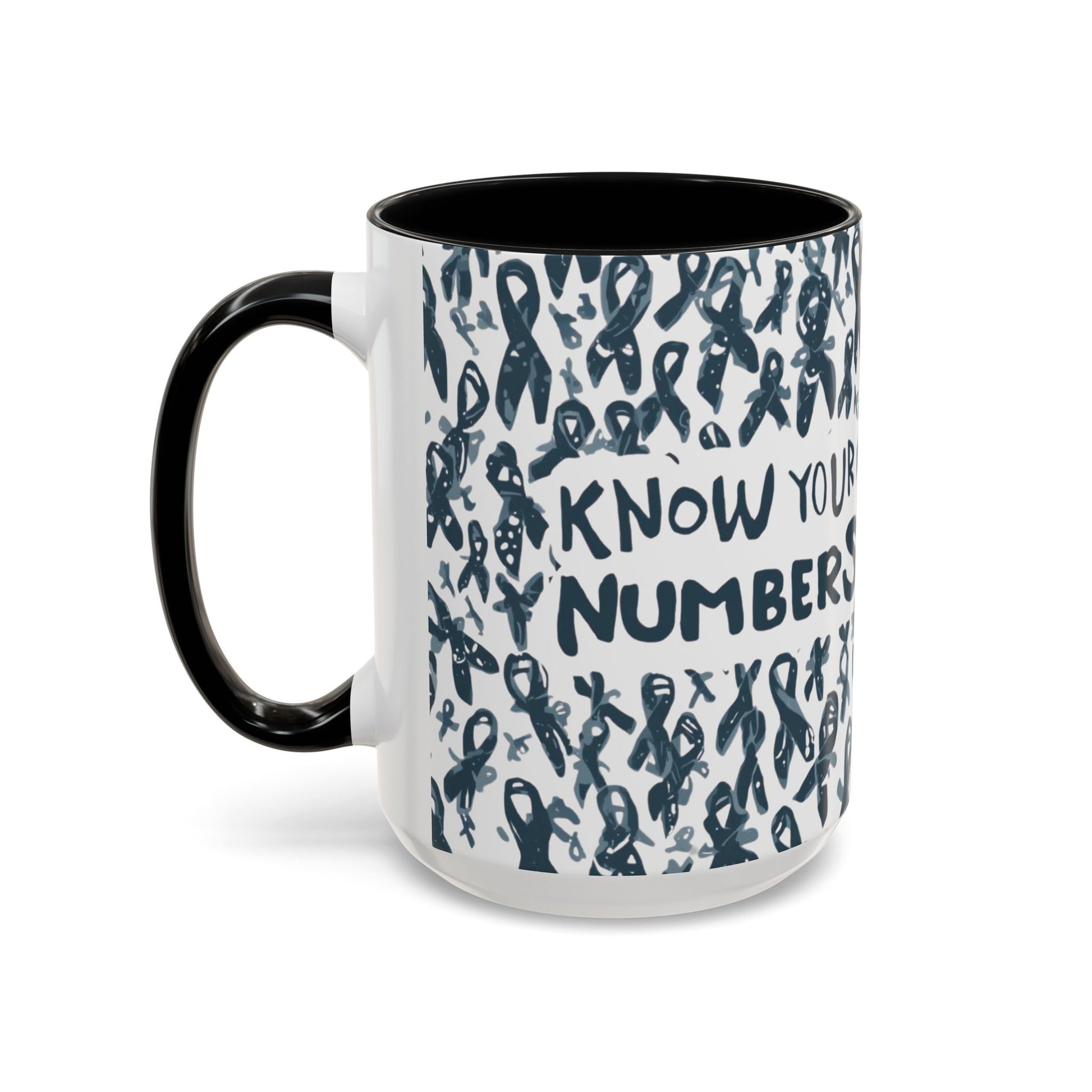 Black handle 15oz diabetes awareness mug with “Know Your Numbers” text and awareness ribbon background — health advocacy coffee mug promoting education and empowerment.