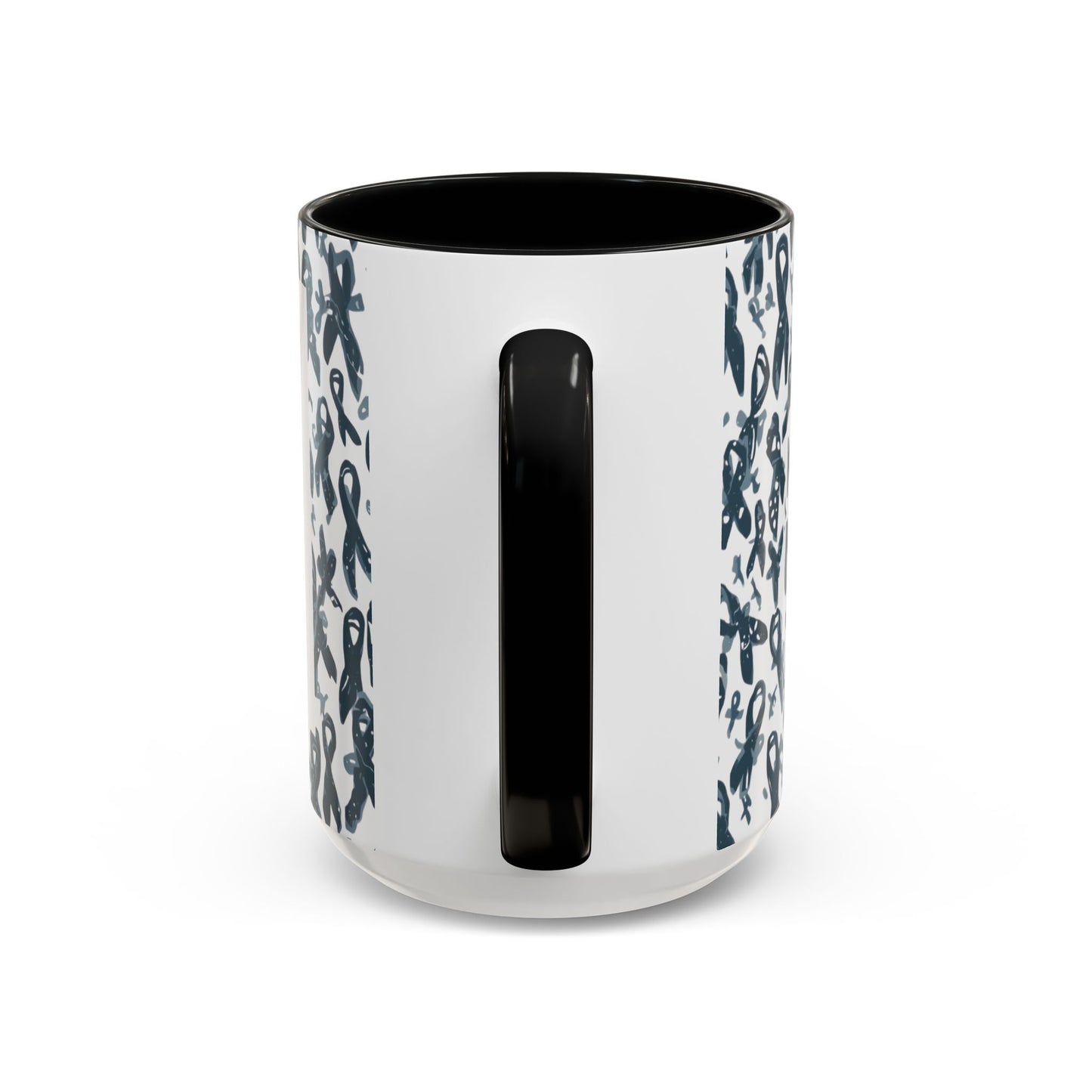 Side view of black-handled 15oz diabetes awareness mug — glossy ceramic accent cup with ribbon details designed to inspire hope and awareness.