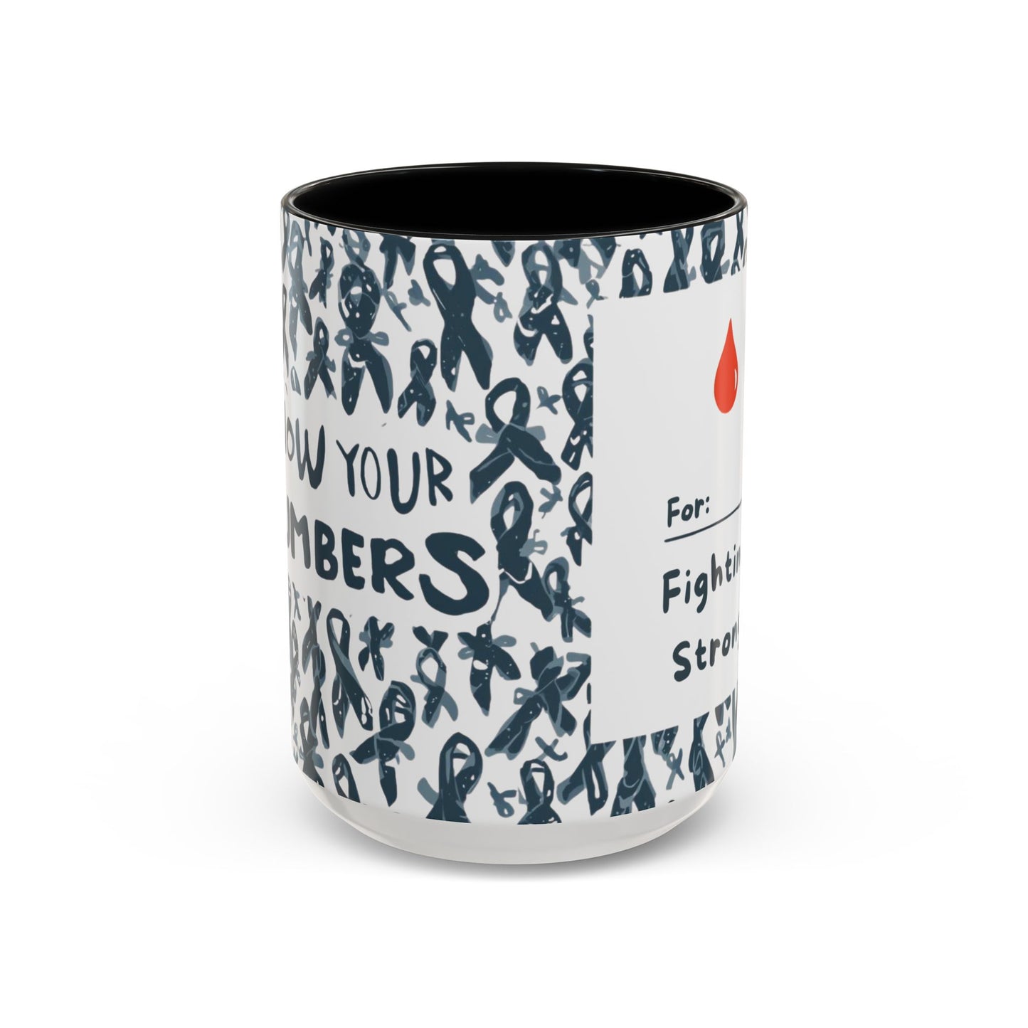 Black 15oz diabetes awareness mug featuring “For: Fighting Strong” with red blood drop — motivational ceramic coffee cup supporting diabetes awareness and strength.