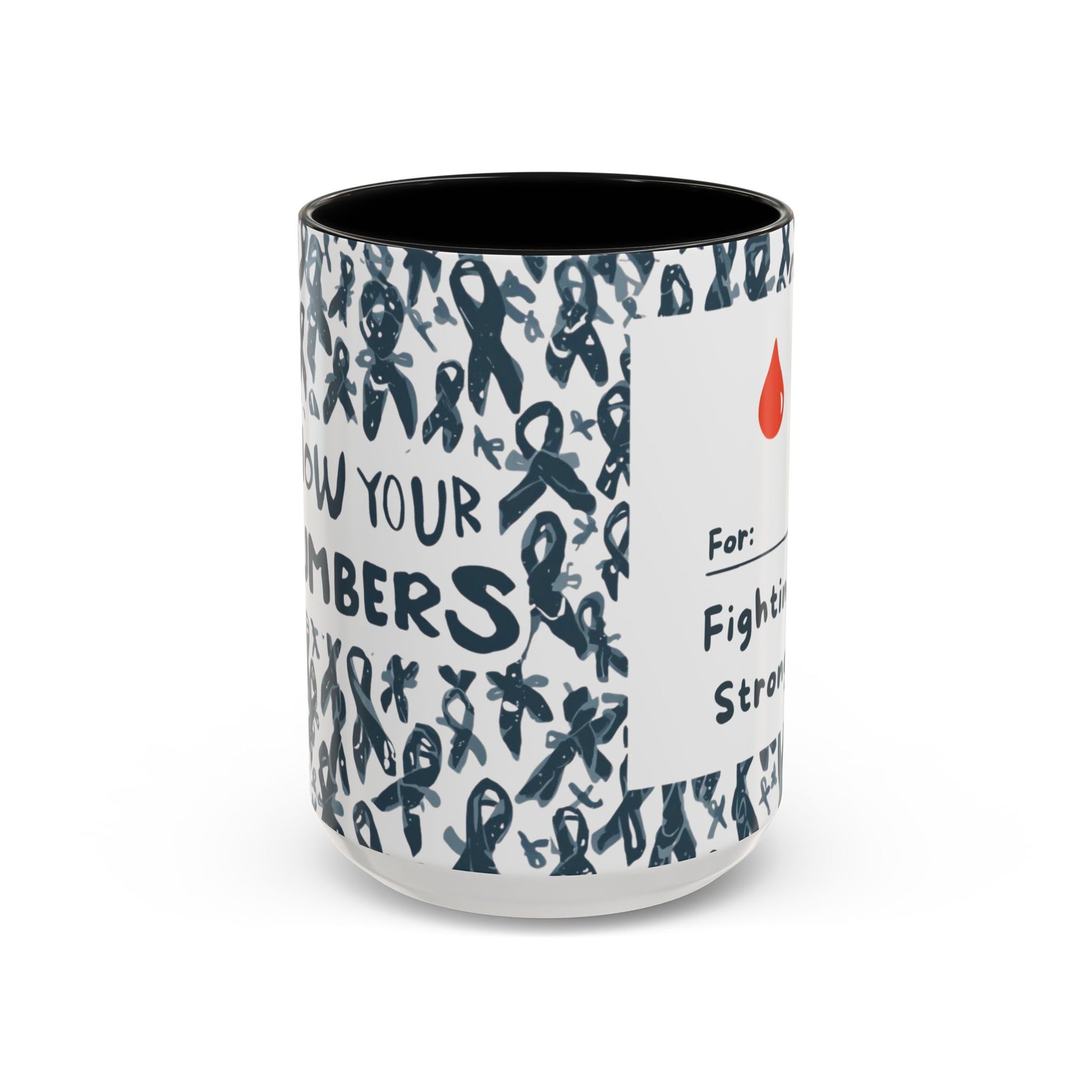 Black 15oz diabetes awareness mug featuring “For: Fighting Strong” with red blood drop — motivational ceramic coffee cup supporting diabetes awareness and strength.