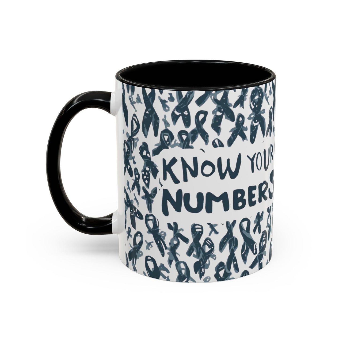 Black handle diabetes awareness mug with “Know Your Numbers” message surrounded by dark ribbon pattern — empowering coffee mug for awareness and education.