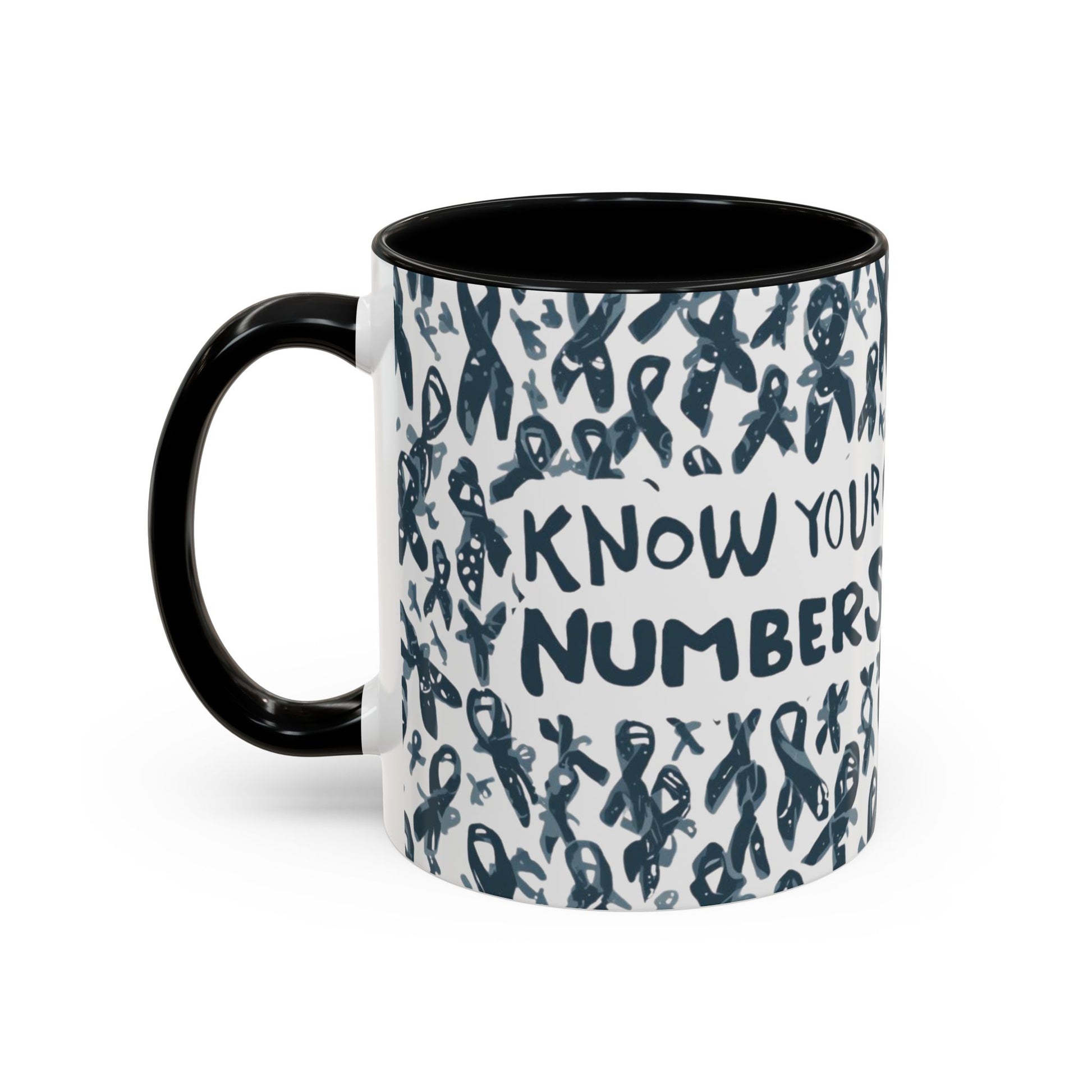 Black handle diabetes awareness mug with “Know Your Numbers” message surrounded by dark ribbon pattern — empowering coffee mug for awareness and education.
