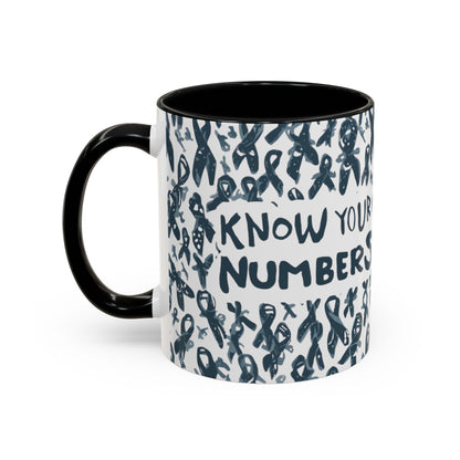 Black handle diabetes awareness mug with “Know Your Numbers” message surrounded by dark ribbon pattern — empowering coffee mug for awareness and education.
