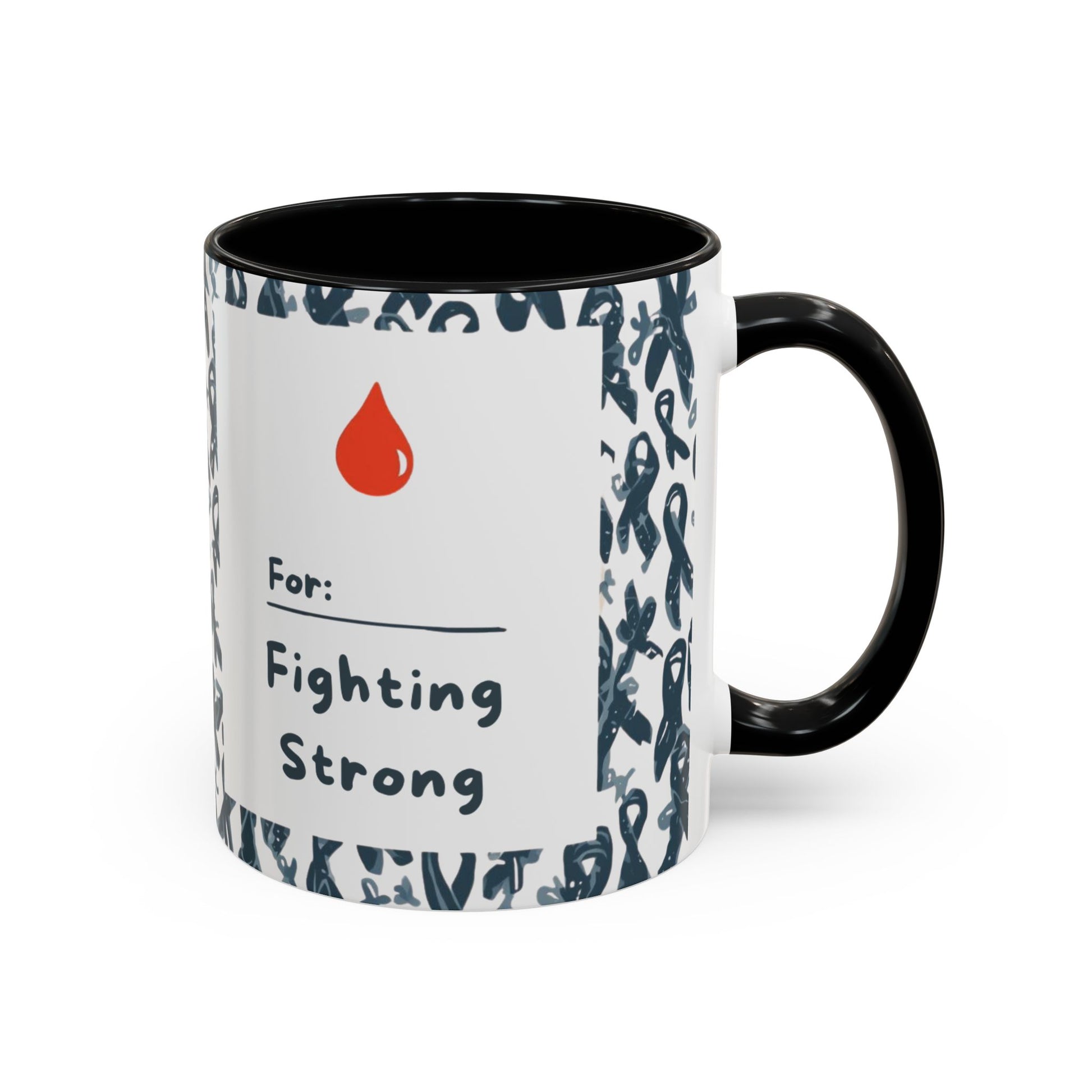 Black accent diabetes awareness mug with “For: Fighting Strong” and red blood drop — 11oz ceramic awareness mug promoting health advocacy and support.