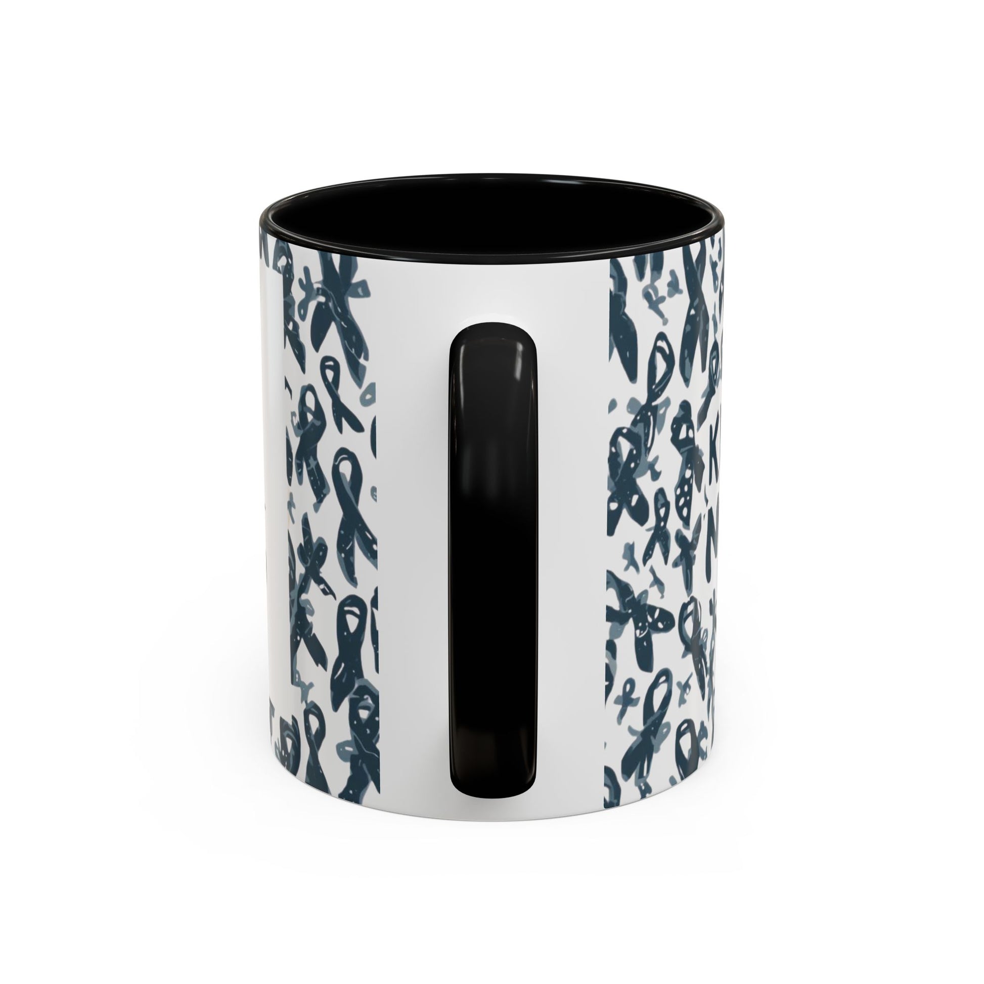Side view of black-handled diabetes awareness mug — glossy ceramic 11oz accent cup featuring awareness ribbon details and inspiring design.