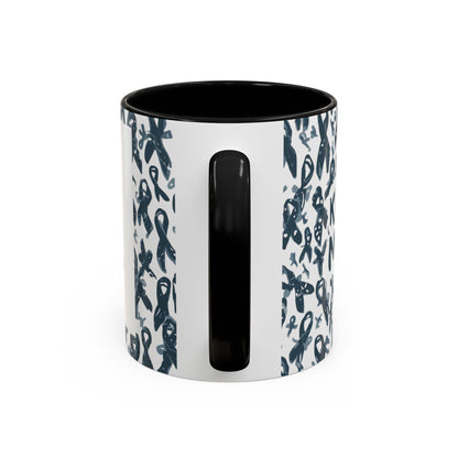 Side view of black-handled diabetes awareness mug — glossy ceramic 11oz accent cup featuring awareness ribbon details and inspiring design.
