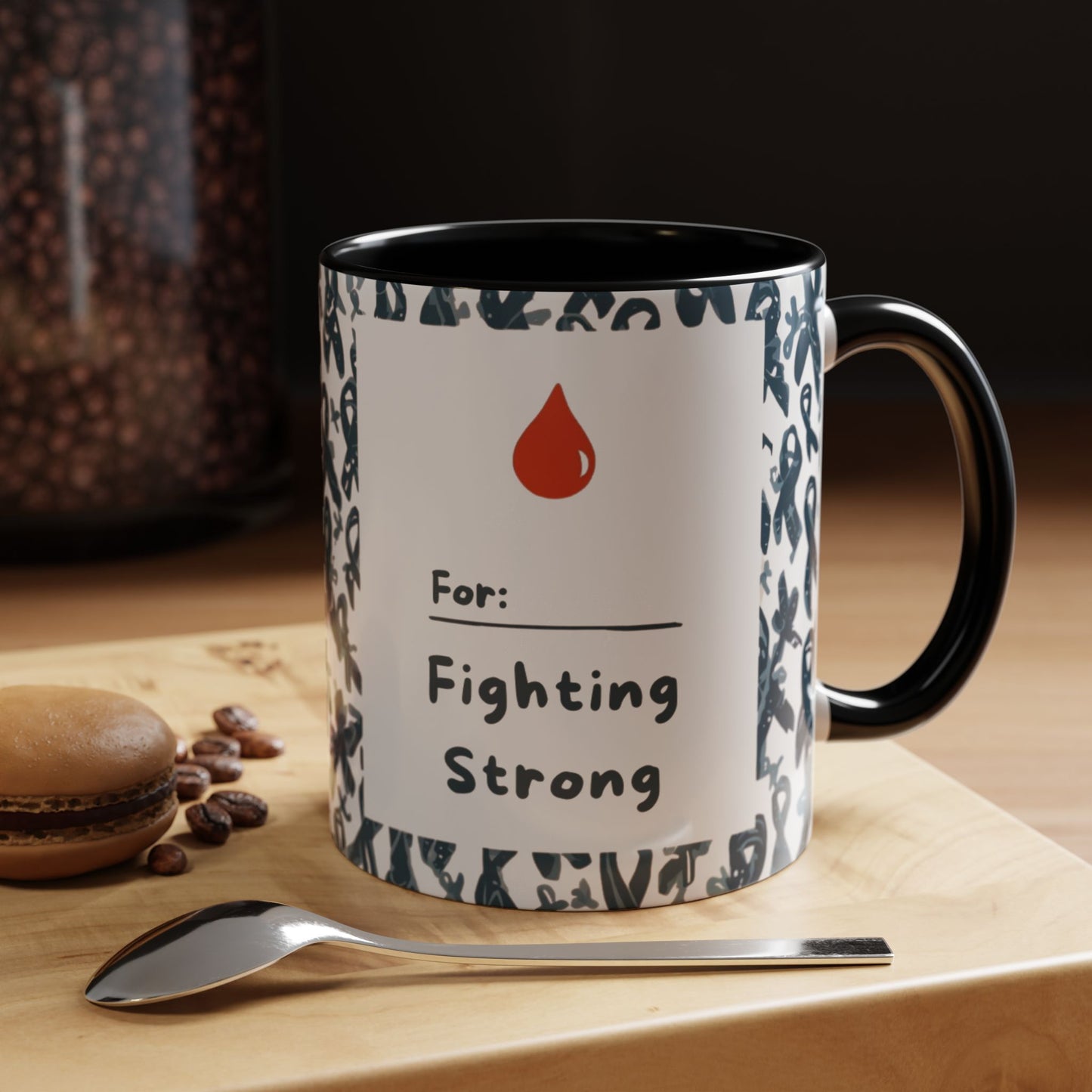 Black accent diabetes awareness mug on wooden counter — “For: Fighting Strong” design beside coffee and pastries symbolizing strength and wellness.
