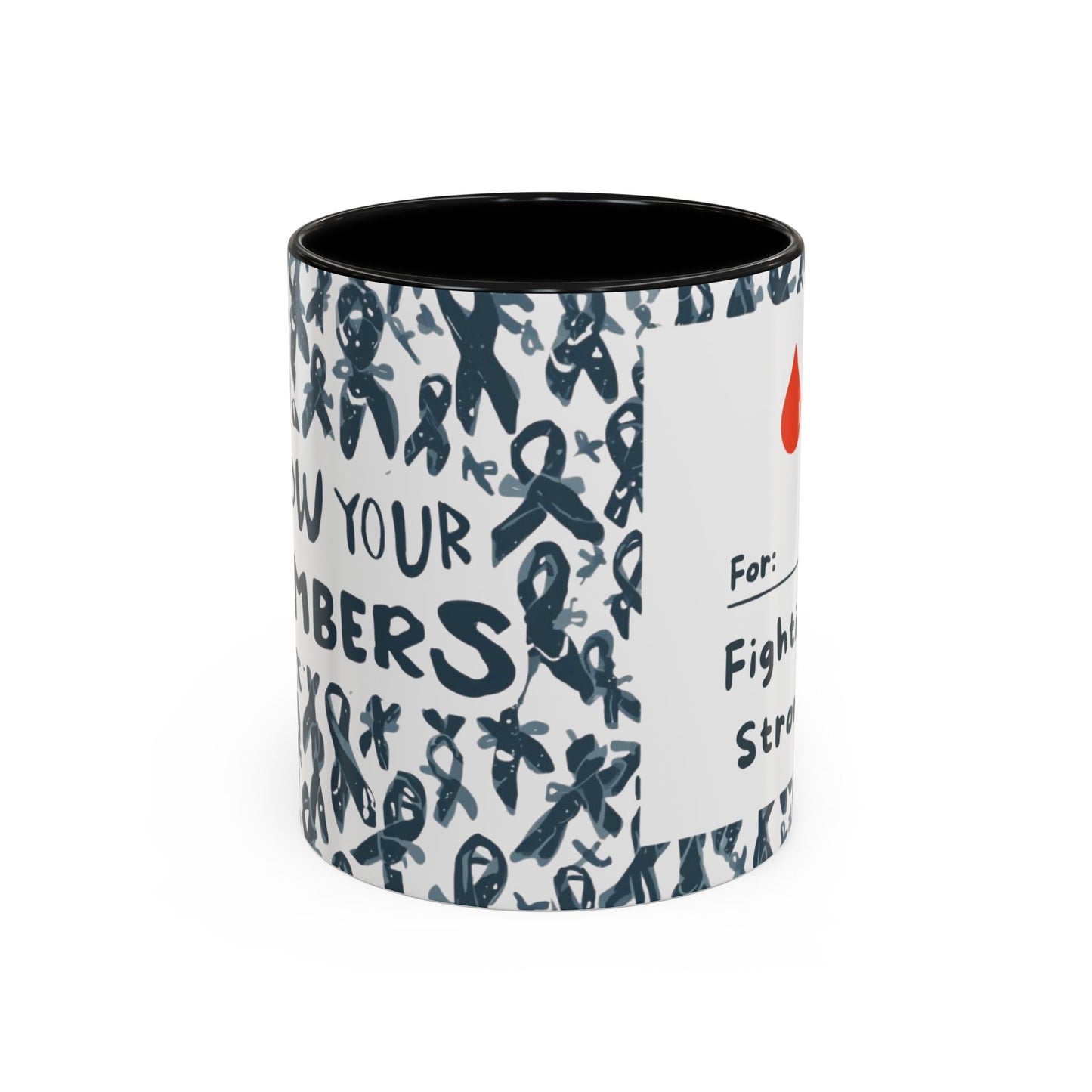 Black accent diabetes awareness mug with “For: Fighting Strong” and red blood drop — 11oz ceramic awareness mug promoting health advocacy and support.