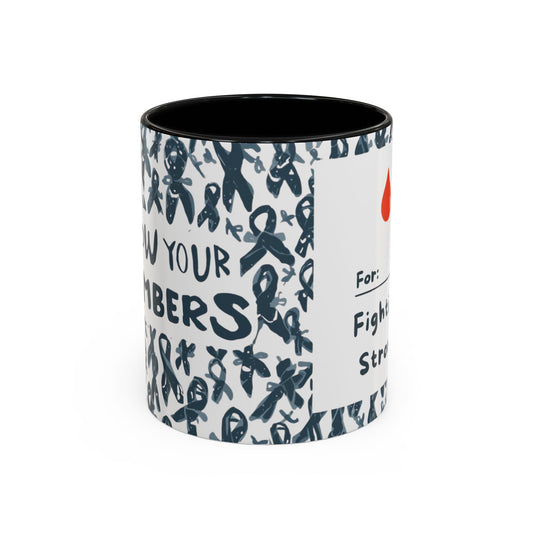 Black accent diabetes awareness mug with “For: Fighting Strong” and red blood drop — 11oz ceramic awareness mug promoting health advocacy and support.