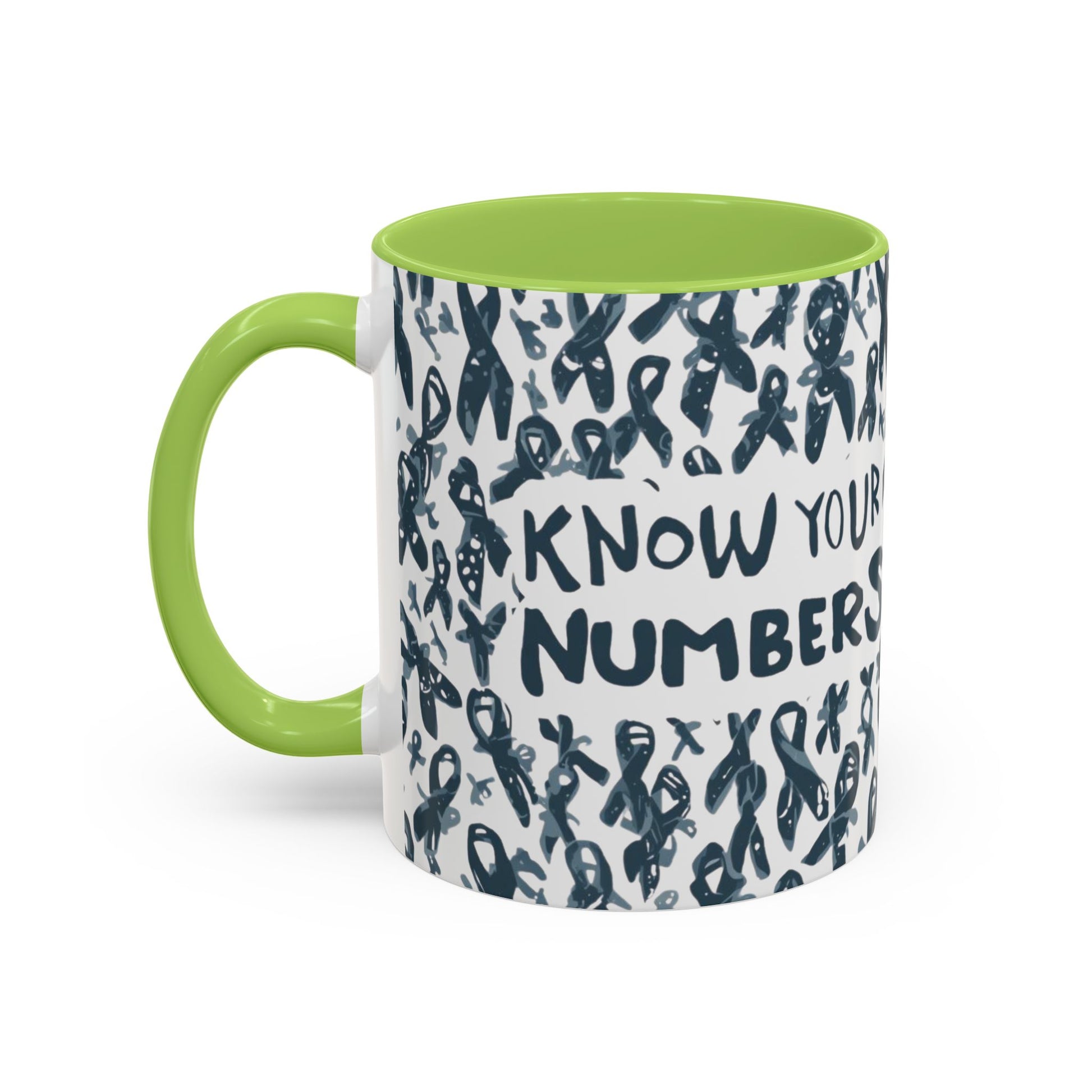 Green handle diabetes awareness mug featuring “Know Your Numbers” text — inspirational awareness ribbon pattern for diabetes prevention.