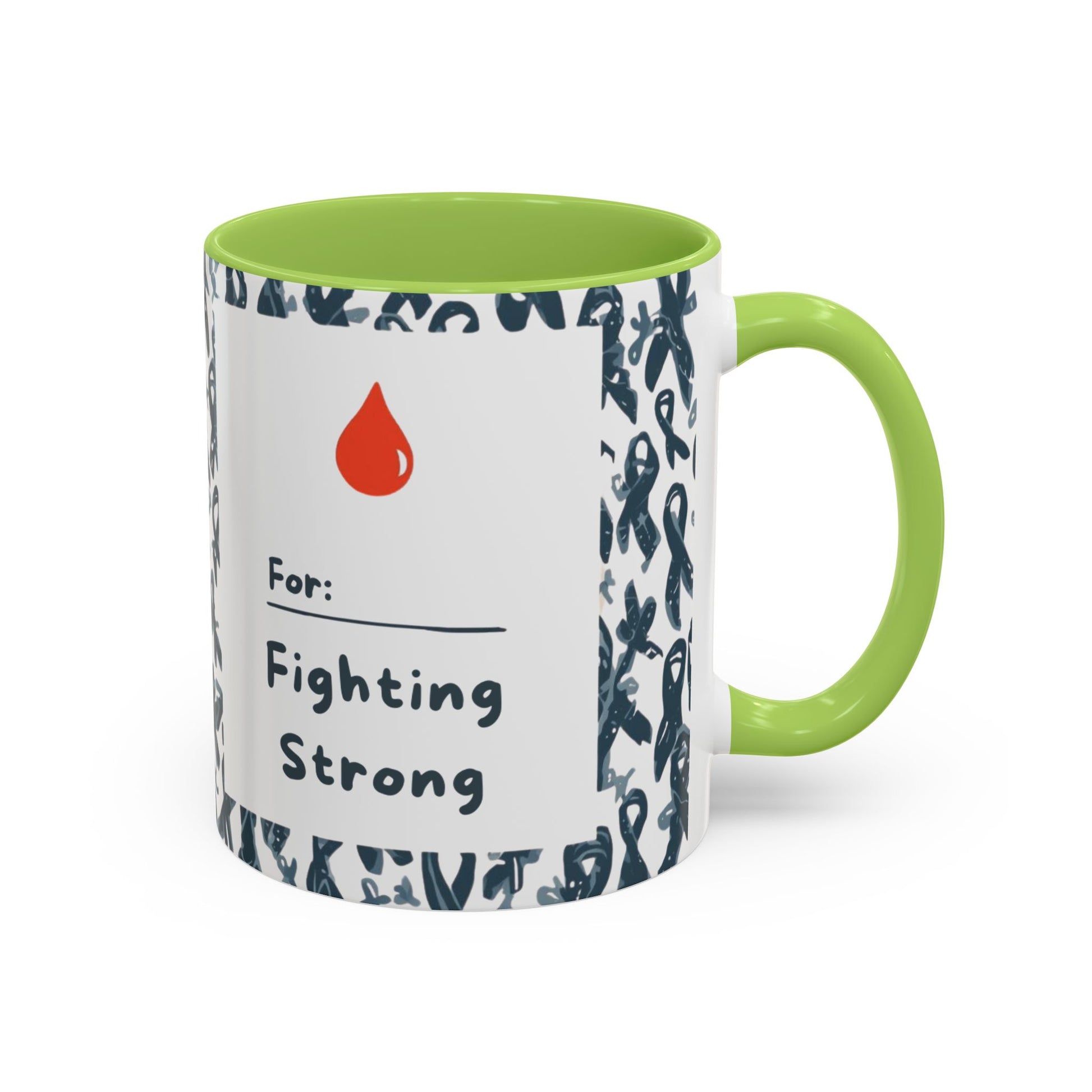 Green accent diabetes awareness mug with “For: Fighting Strong” and red blood drop — 11oz ceramic coffee cup promoting health awareness.