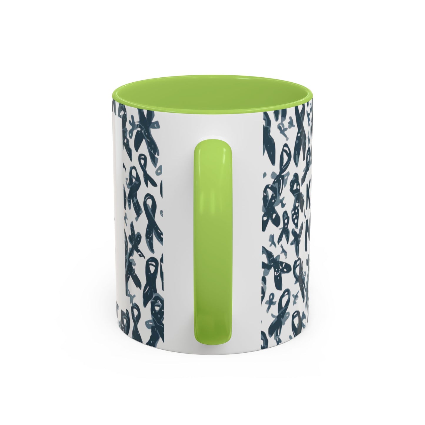 Side view of green-handled diabetes awareness accent mug with awareness ribbon print — sturdy 11oz ceramic cup with glossy finish.