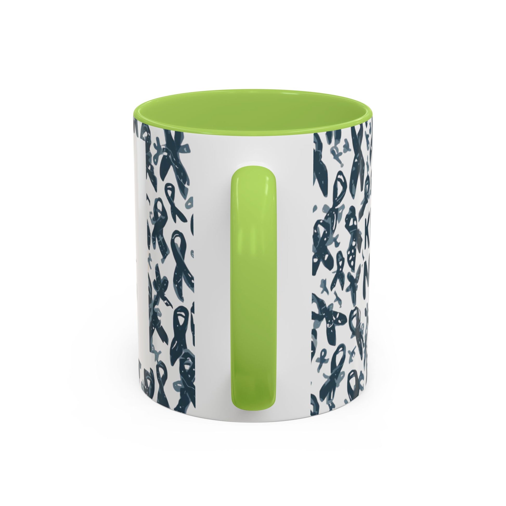 Side view of green-handled diabetes awareness accent mug with awareness ribbon print — sturdy 11oz ceramic cup with glossy finish.