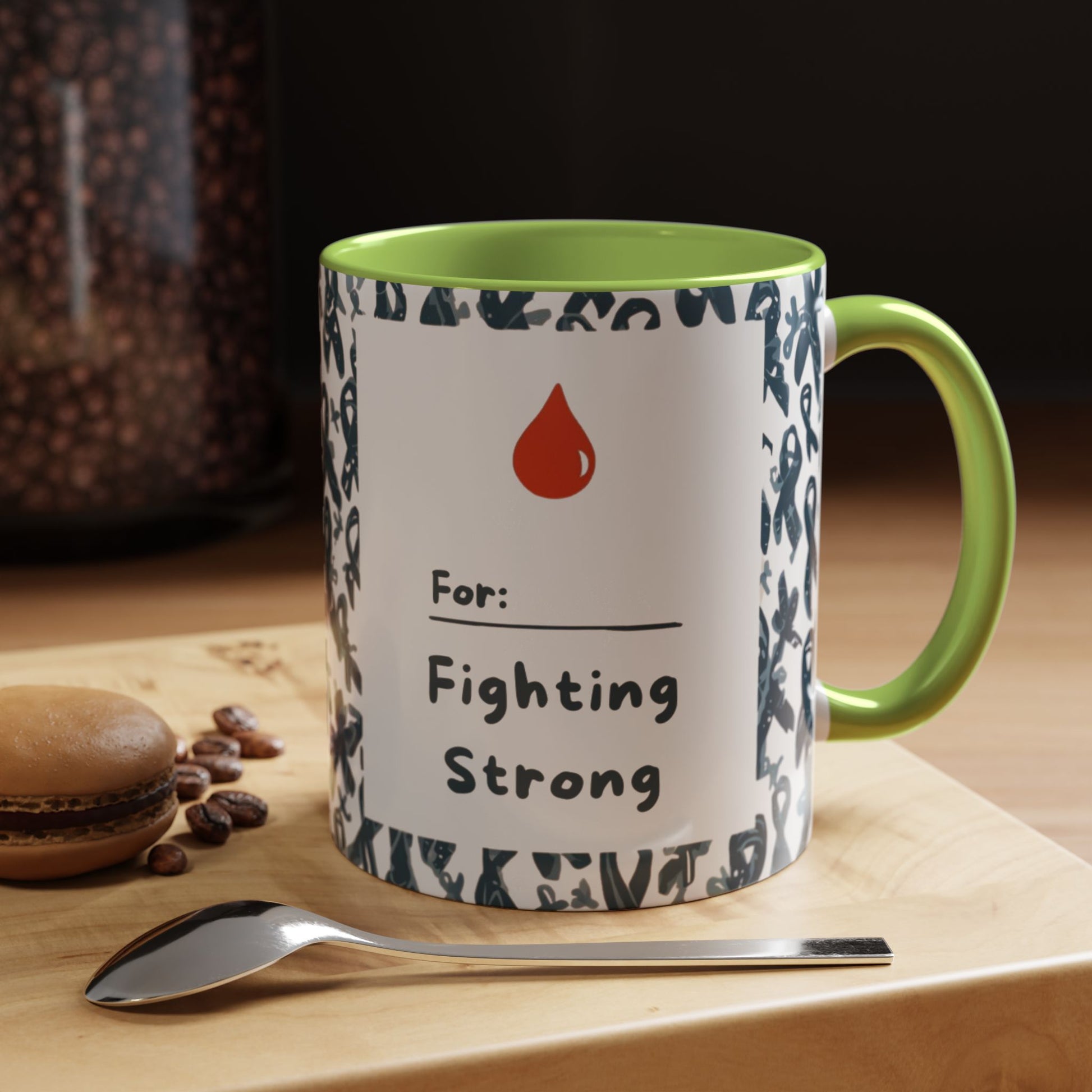 Green accent diabetes awareness mug displayed on wooden counter — “For: Fighting Strong” motivational design for everyday encouragement.