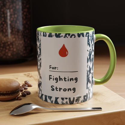 Green accent diabetes awareness mug displayed on wooden counter — “For: Fighting Strong” motivational design for everyday encouragement.