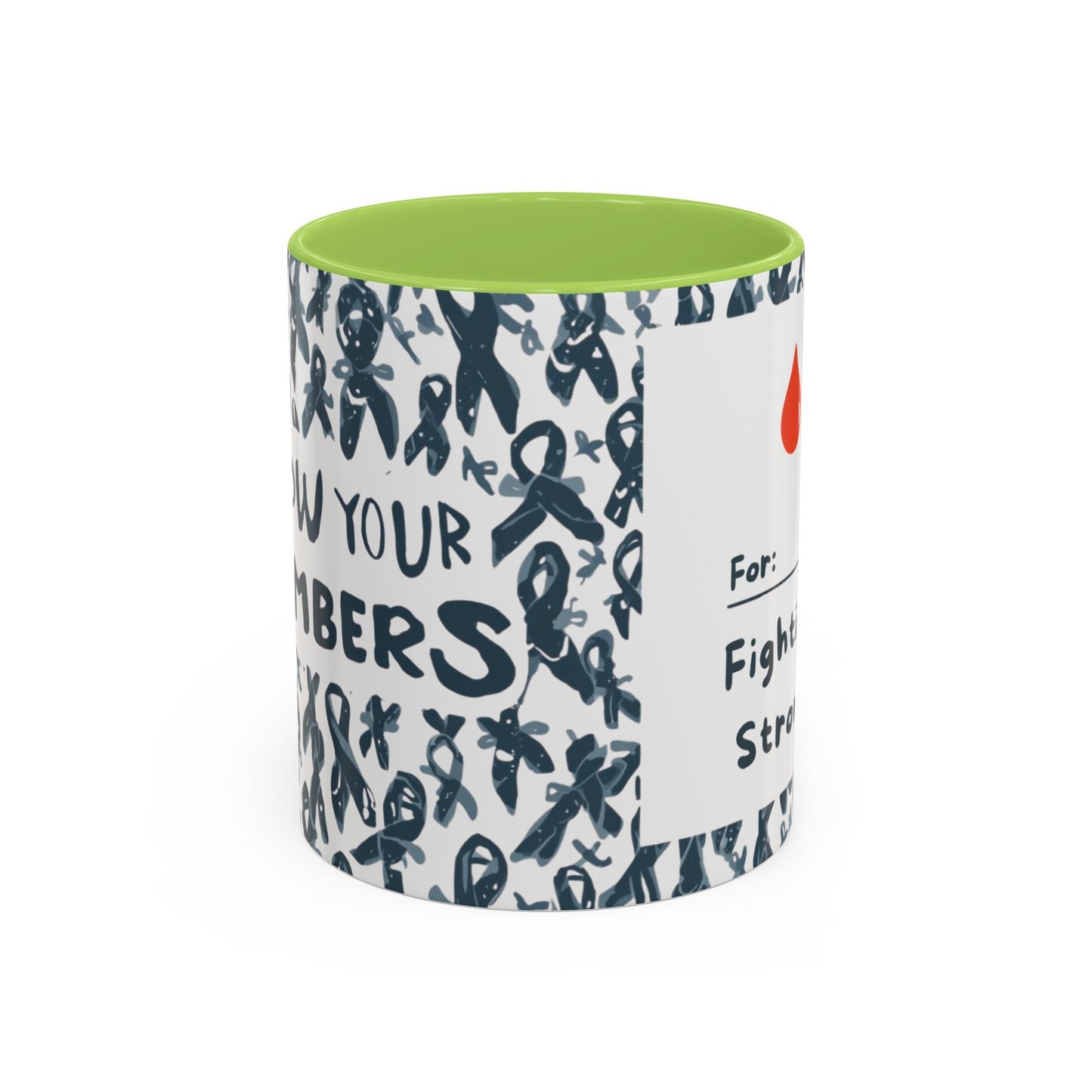 Green accent diabetes awareness mug with “For: Fighting Strong” and red blood drop — 11oz ceramic coffee cup promoting health awareness.