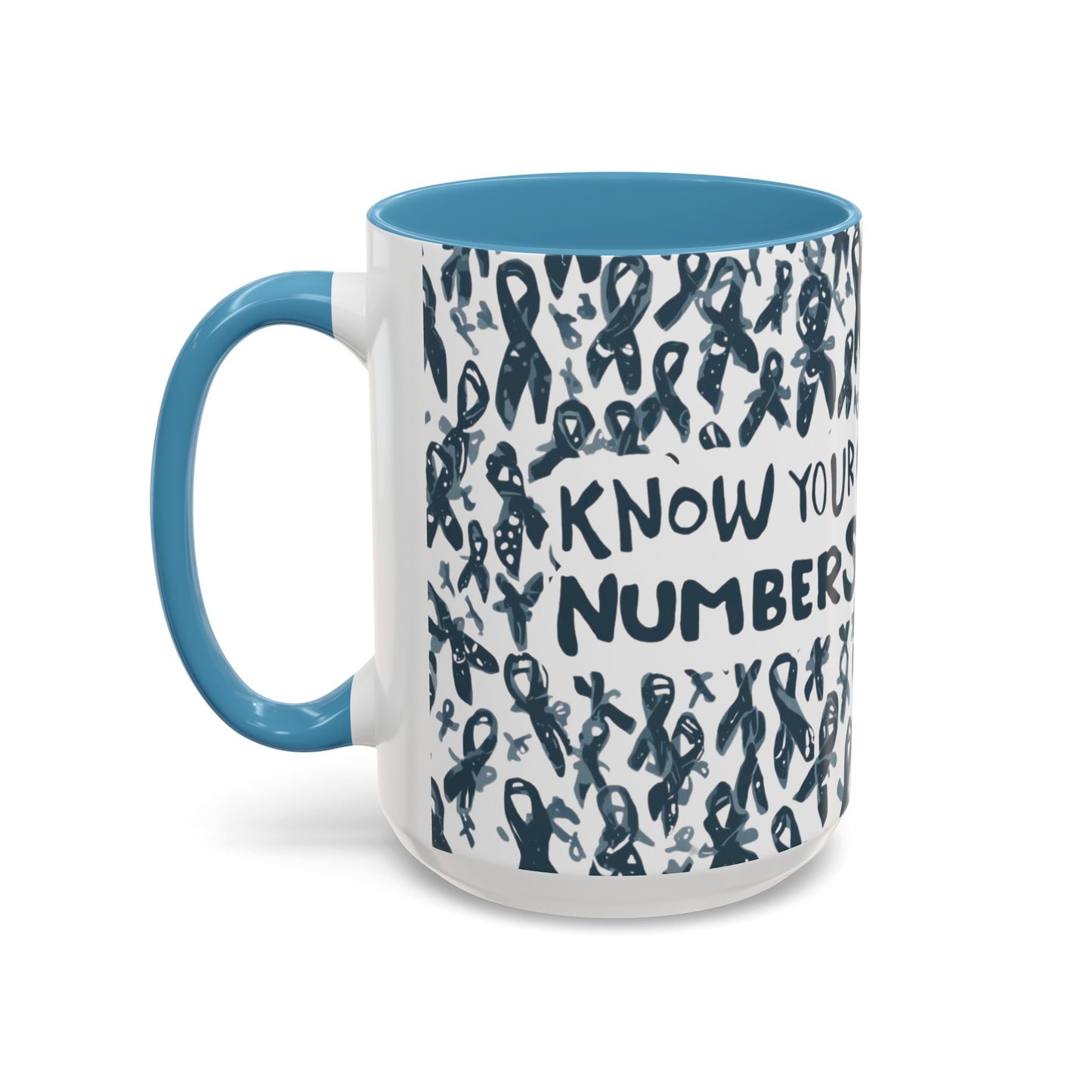 Light blue handle 15oz diabetes awareness mug with “Know Your Numbers” text and awareness ribbon design — health advocacy coffee cup for daily inspiration.