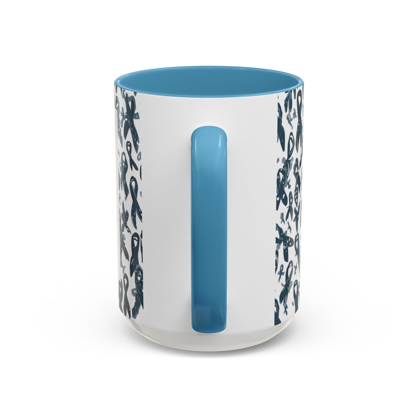 Side view of light blue 15oz diabetes awareness mug — glossy ceramic coffee mug with ribbon pattern and bold advocacy design.