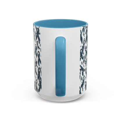 Side view of light blue 15oz diabetes awareness mug — glossy ceramic coffee mug with ribbon pattern and bold advocacy design.