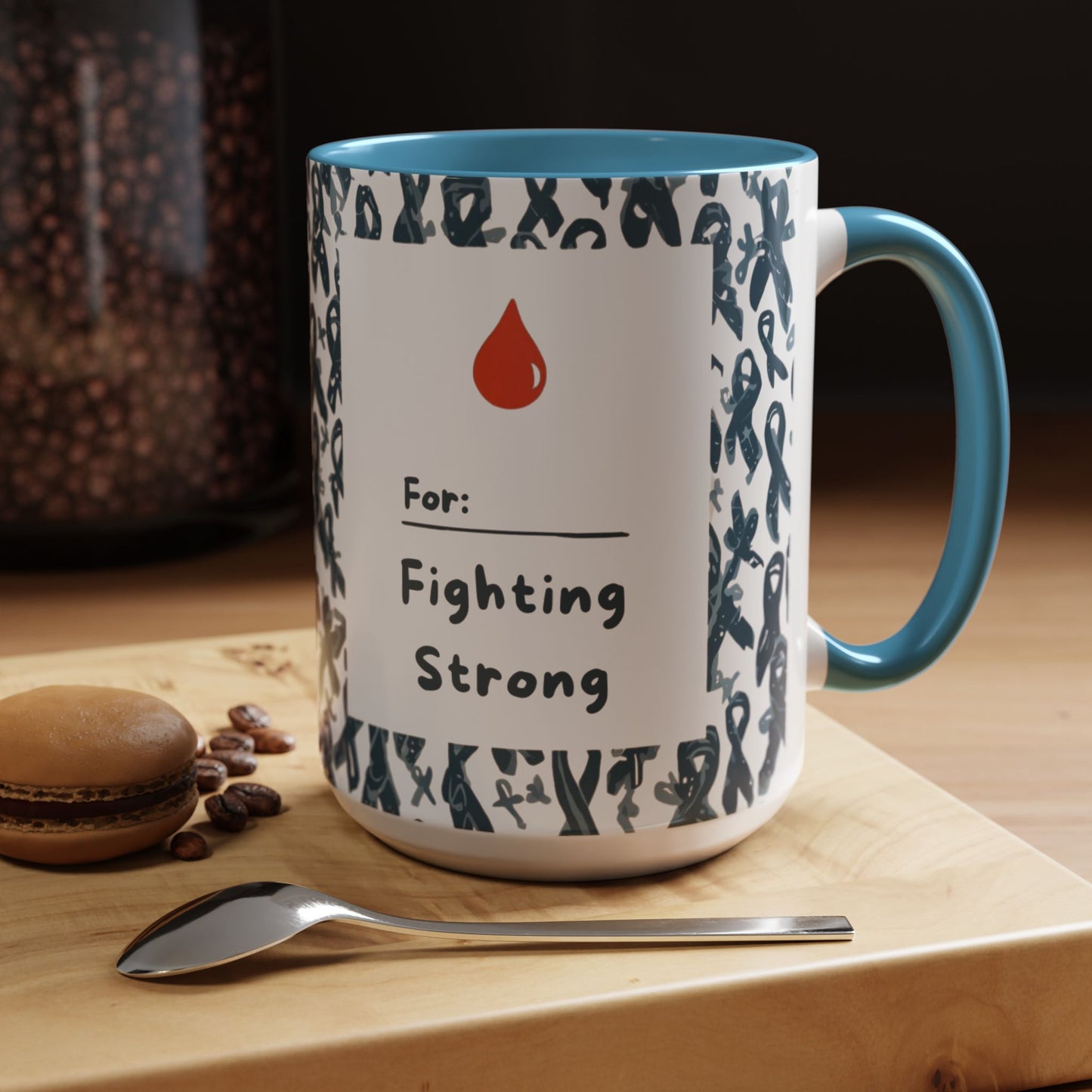 Light blue accent 15oz diabetes awareness mug on wooden kitchen counter — “For: Fighting Strong” design symbolizing hope, strength, and self-care.