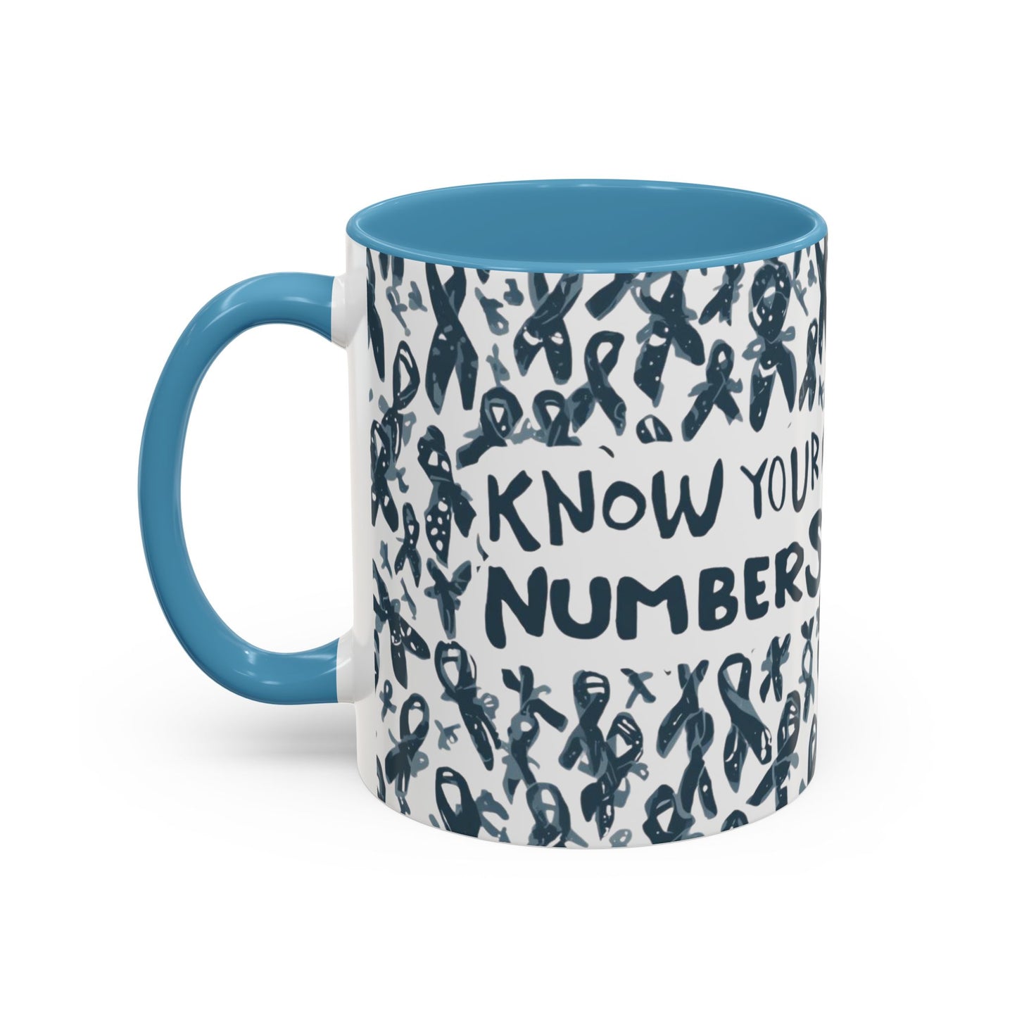 Light blue handle diabetes awareness mug with “Know Your Numbers” quote and awareness ribbon background — motivational 11oz coffee mug for health awareness.