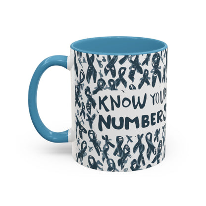 Light blue handle diabetes awareness mug with “Know Your Numbers” quote and awareness ribbon background — motivational 11oz coffee mug for health awareness.