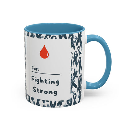 Light blue accent diabetes awareness mug featuring “For: Fighting Strong” text with red blood drop — inspiring 11oz ceramic coffee cup for awareness and support.