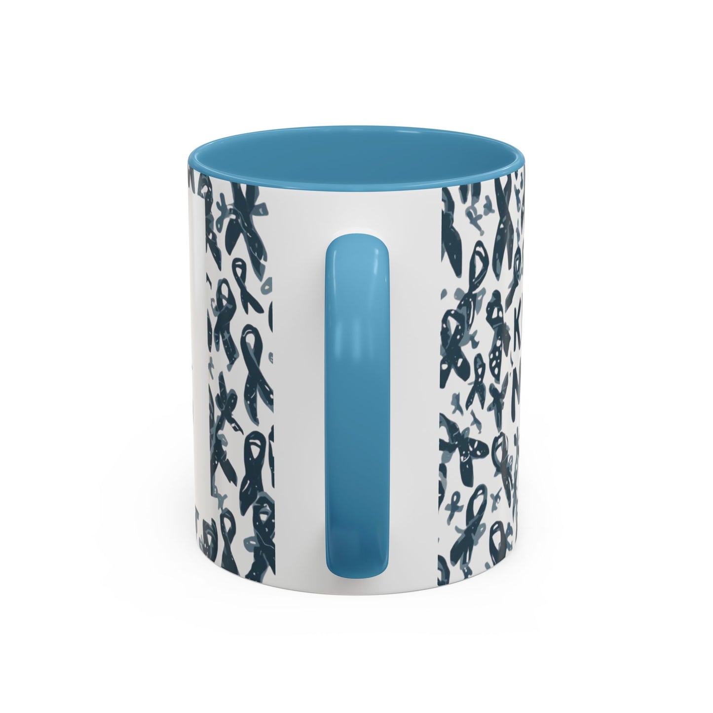 Side view of light blue-handled diabetes awareness mug — ceramic accent cup with awareness ribbon design and glossy finish.