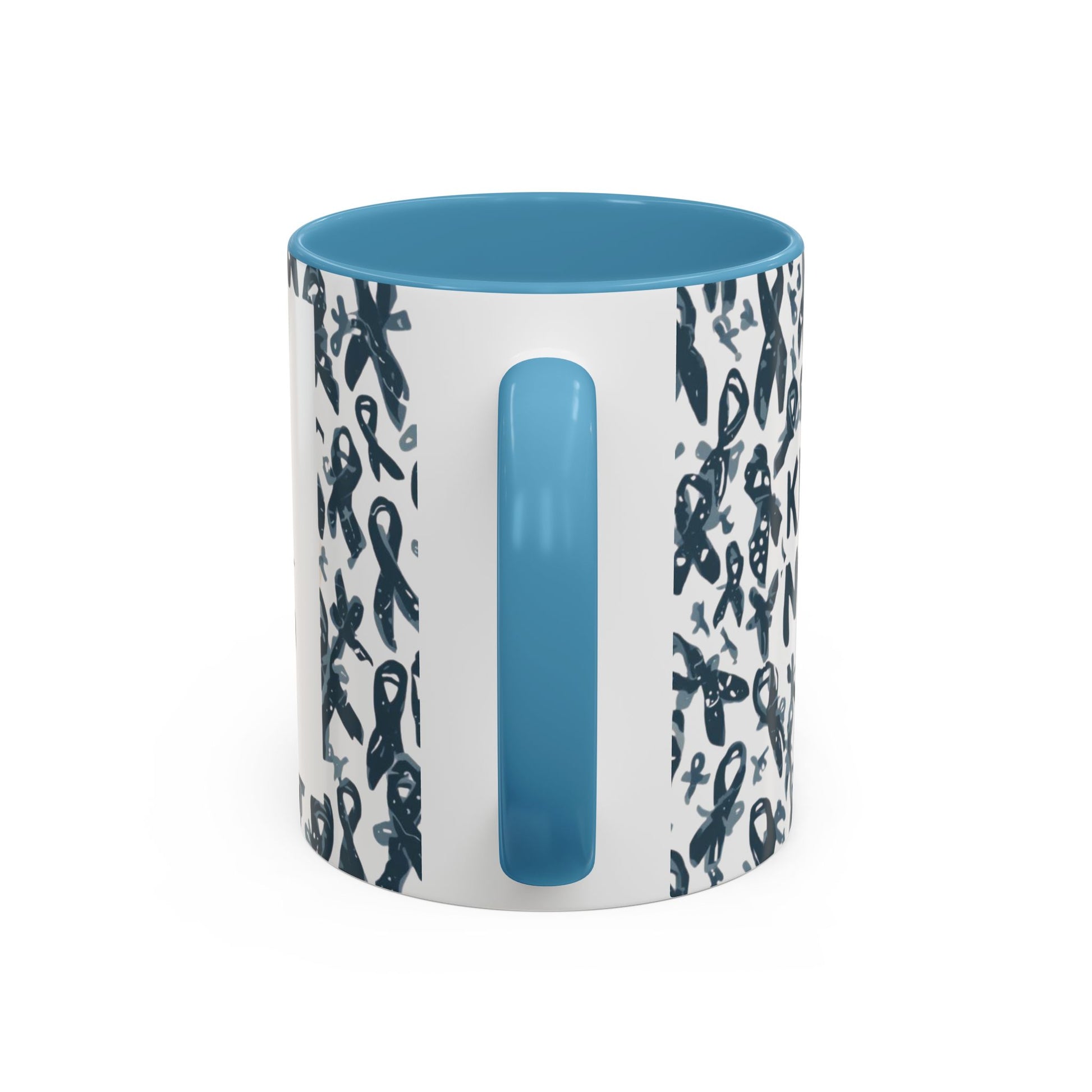 Side view of light blue-handled diabetes awareness mug — ceramic accent cup with awareness ribbon design and glossy finish.