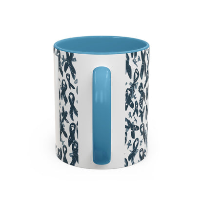 Side view of light blue-handled diabetes awareness mug — ceramic accent cup with awareness ribbon design and glossy finish.