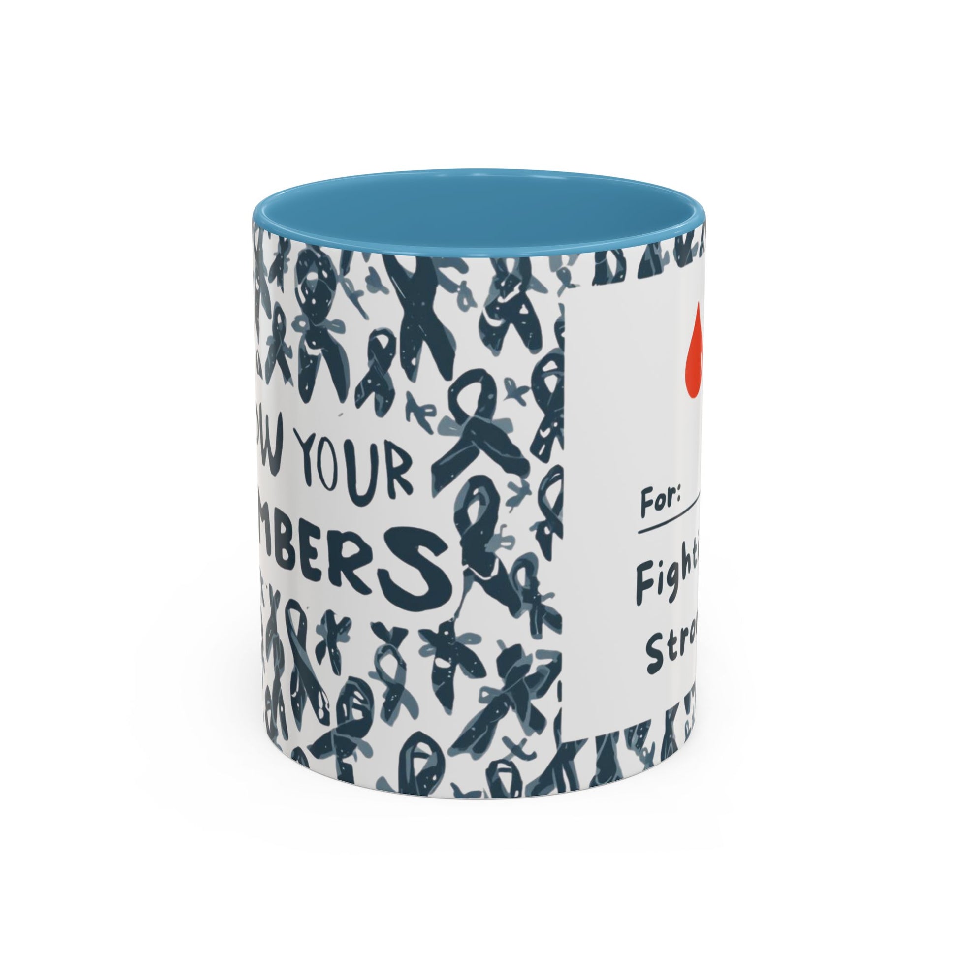 Light blue handle diabetes awareness mug with “Know Your Numbers” quote and awareness ribbon background — motivational 11oz coffee mug for health awareness.