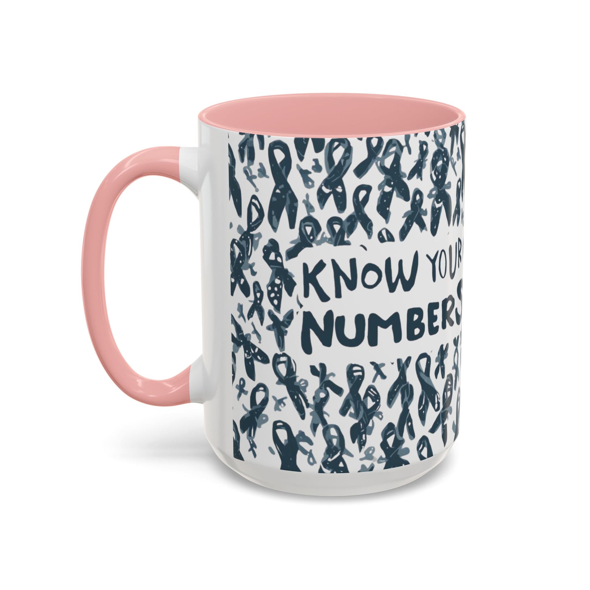 Light pink handle 15oz diabetes awareness mug with “Know Your Numbers” message and ribbon pattern — inspirational ceramic coffee mug for advocacy and education.