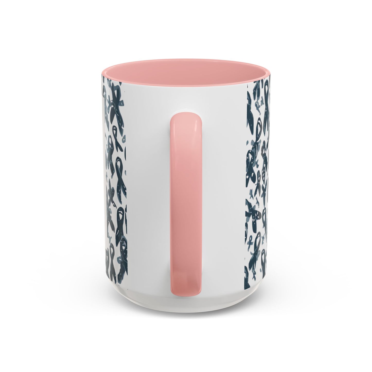 Side view of light pink-handled 15oz diabetes awareness mug — glossy ceramic accent cup with awareness ribbon details and motivational design.