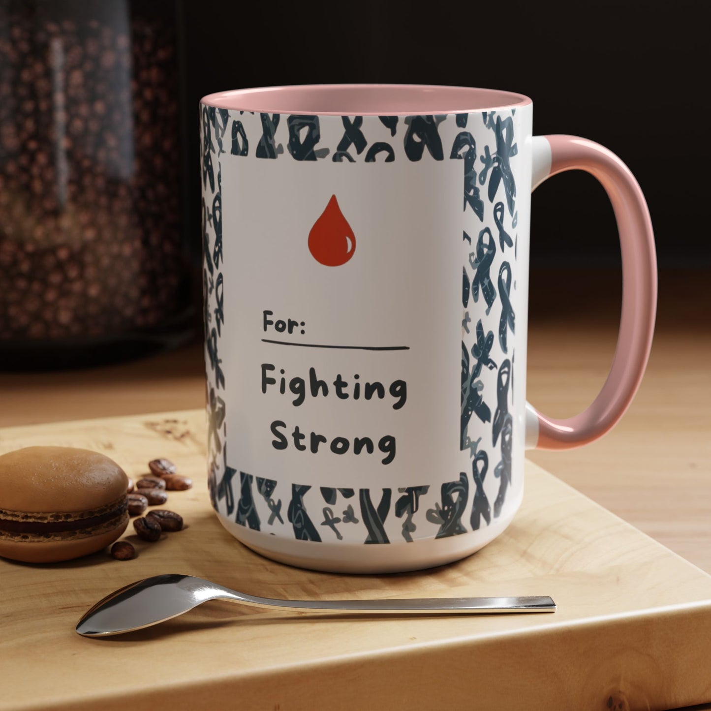 Light pink accent 15oz diabetes awareness mug on wooden table with “For: Fighting Strong” message — uplifting coffee cup supporting health and empowerment.